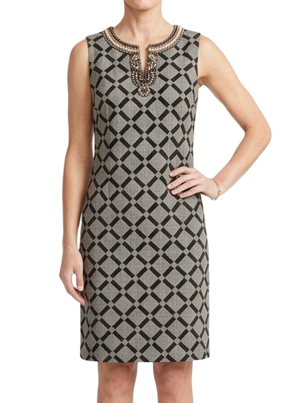 Ellen Tracy Shift Dress Tribal Beaded Boho Woven Geometric Linen Cotton Blend